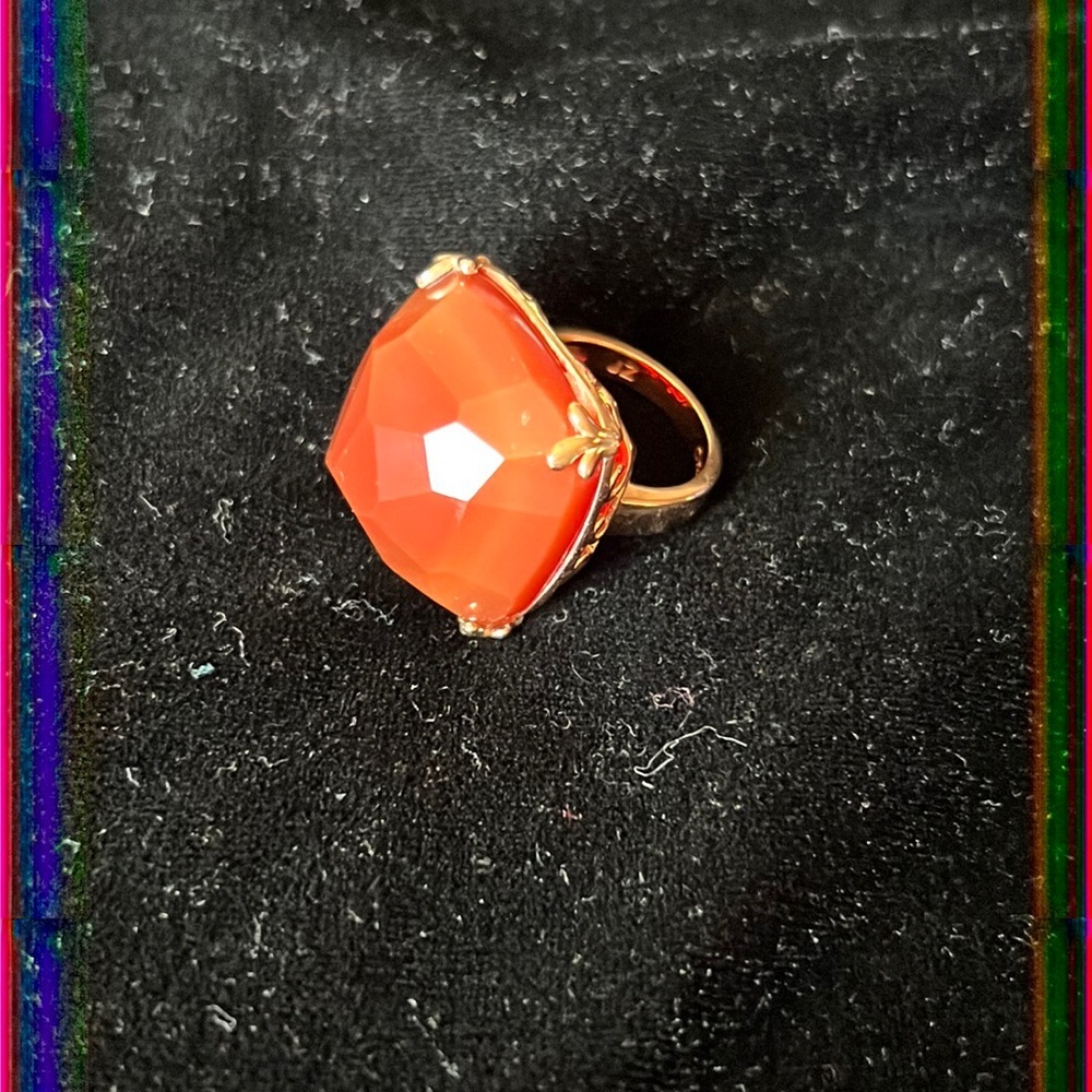 Square cushion checkerboard cut red agate ring copper